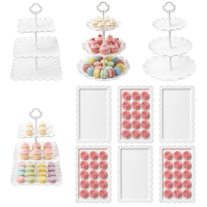 URLINE 10 Pcs Dessert Table Display Set -Plastic Dessert Table Display Set,4 x Large 3-Tier Cupcake Stands/Cup Cake Tier Tower & 6 X Serving Tray Combo for Tea Party, Birthday, Baby