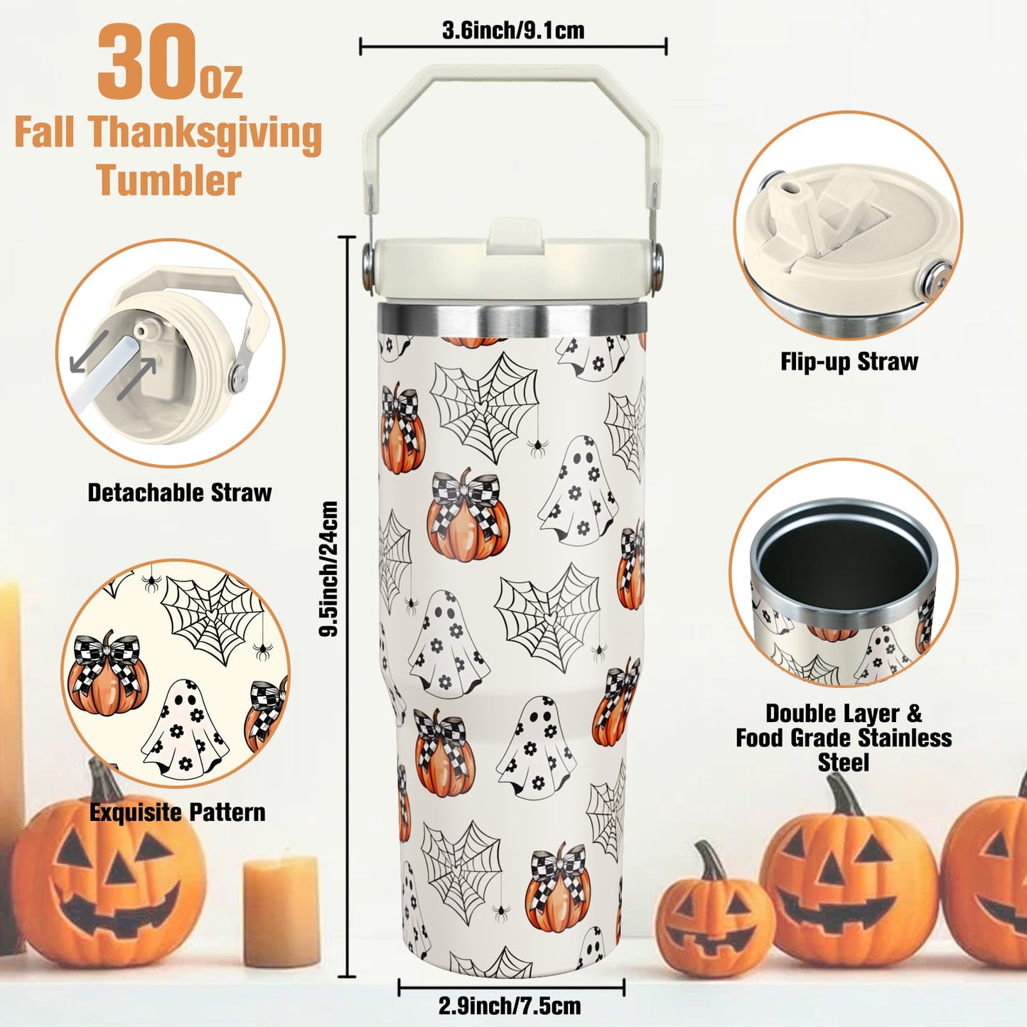 nmbnswo 30 oz Halloween Tumbler with Lid and Straw, Ghost Pumpkin Bow Tumbler Insulated Coffee Travel Mugs Cup Water Bottle Cute Halloween Gifts for Women Girls