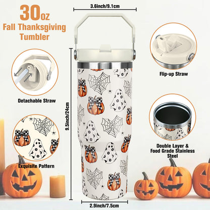 nmbnswo 30 oz Halloween Tumbler with Lid and Straw, Ghost Pumpkin Bow Tumbler Insulated Coffee Travel Mugs Cup Water Bottle Cute Halloween Gifts for Women Girls