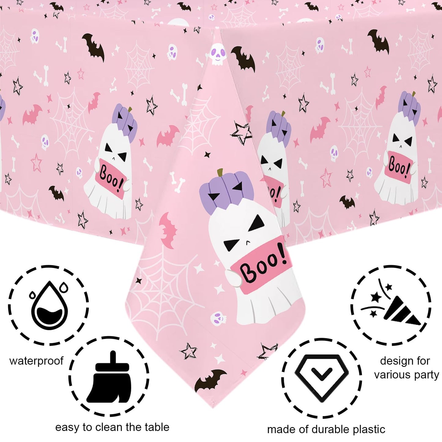MEHOFOND 3 Pack Pink Halloween Plastic Tablecloths, Little Boo Baby Shower Decorations, Halloween Spooky Spider Web Happy Booday Disposable Table Cover Party Supplies for Birthday Baby Shower