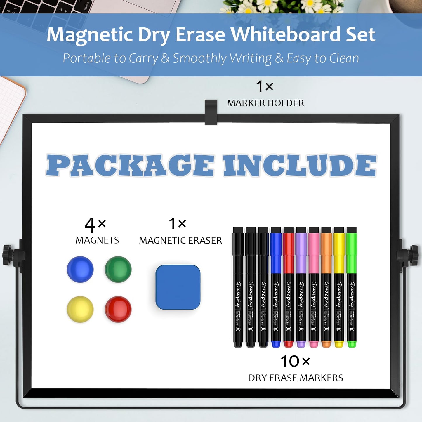 Dry Erase White Board, 16x12 Inches Double-Sided Desktop Whiteboard with Stand, Portable Whiteboard with Markers, Magnets, Eraser, Magnetic White Board Easel for Office Home Memo to Do List, Black