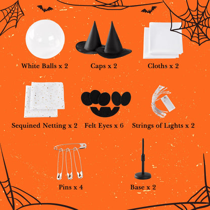 2Pcs Halloween Ghosts Decorations Indoor - Light Up Ghost Crafts with Sequined Netting, Cute Halloween Party Decorations, Spooky Ghost Decor for Home Table Fireplace Kitchen and Office