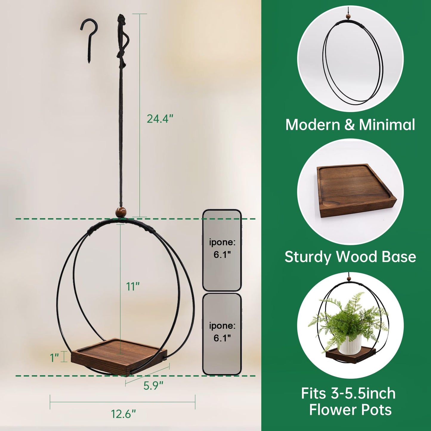 Hanging Planter for Indoor Plants, Black Plant Hanger Indoor with Sturdy Wood Base, Modern Boho Macrame Plant Hanger for 3-5.5 Inch Pot, Hanging Wall Ceiling Window Home Decor (Pots Not Included)