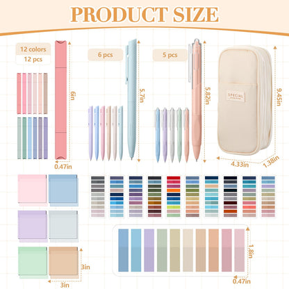 Trandraft 135 Pcs Book Annotation Kit with Pencil Case, 12 Pastel Highlighters, 11 Gel Pens, Fine Marker, 300 Transparent Sticky Notes, 2640 Index Tabs, Bible Study Supplies Kit(Classic,Beige)