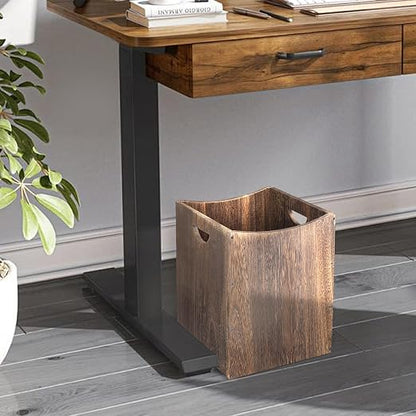 Large Wooden Trash Can 9 Gal Curved Design Office Waste Basket, Square Farmhouse Garbage Can, Brown Vintage Wood Trash Can Storage Basket With Handles for Bedroom Office Living Room Decorative