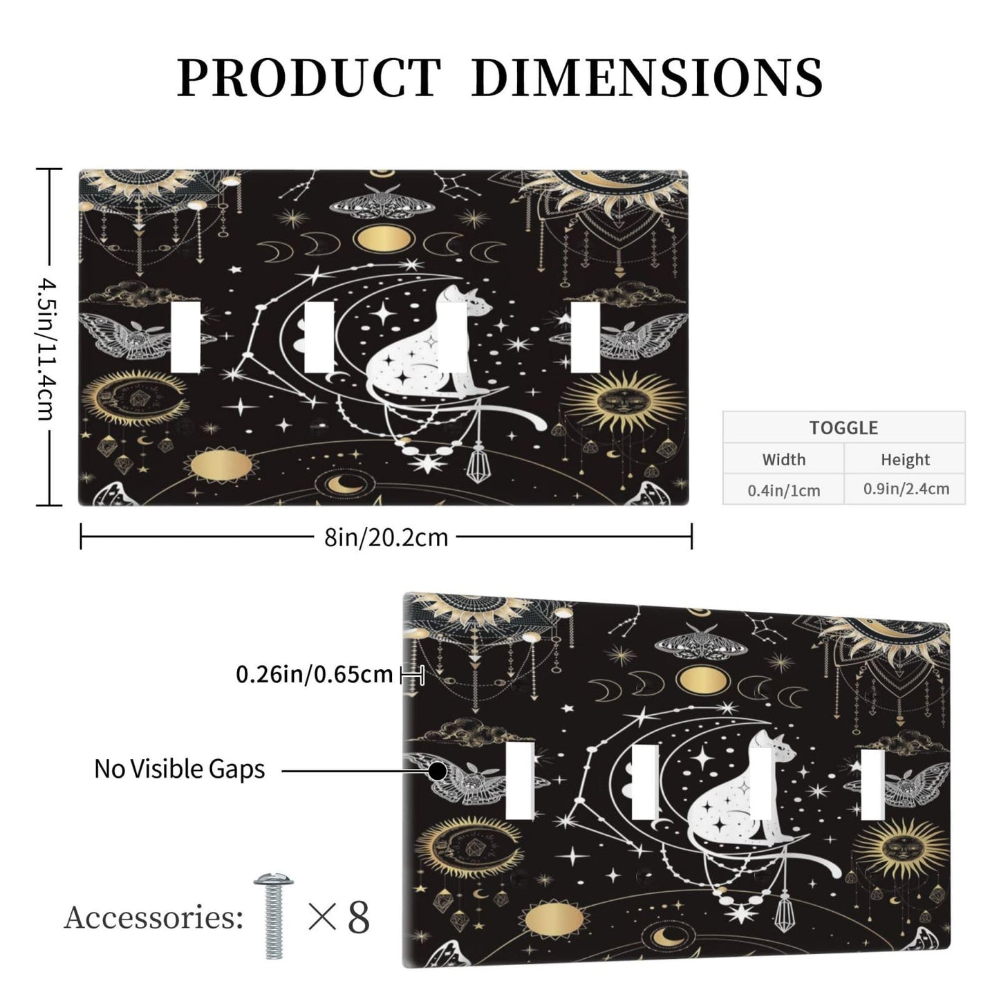 White Cat Tarot Moon Phases Moth Celestial Gothic Light Switch Covers Quad Toggle Electrical Faceplate 4 Gang Wall Plate Decorative Switch Plates Cover for Kids Room Bedroom Decor