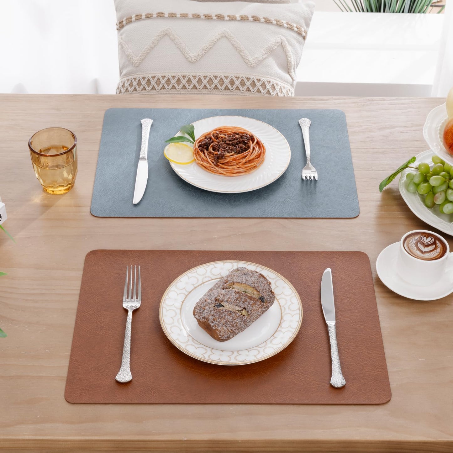 SHACOS Faux Cowhide Leather Placemats Set of 6, Wipeable Water Heat Resistant Place Mats, Stain Resistant Table Mats for Dining Table Kitchen Decor, Brown Blue