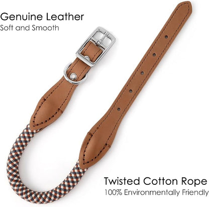 Mile High Life Genuine Leather Dog Collar, Durable Braided Cotton Rope Collar with Metal Pin Buckle for Small Medium Large Dogs (Brown Plaid, M Neck 15"-18")