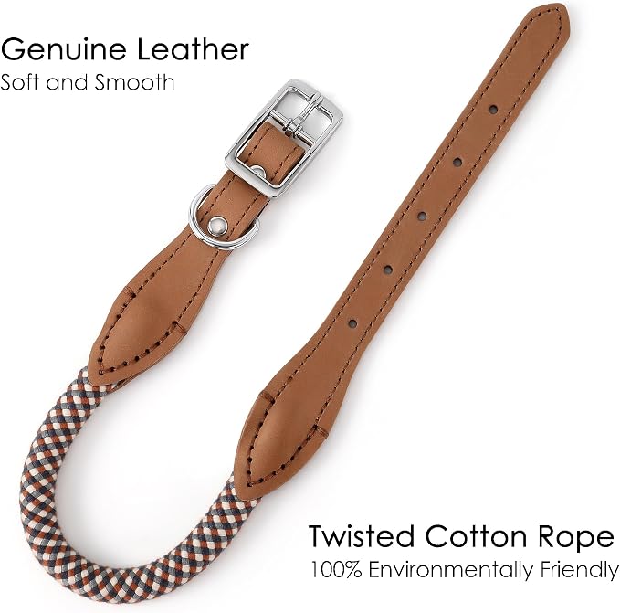 Mile High Life Genuine Leather Dog Collar, Durable Braided Cotton Rope Collar with Metal Pin Buckle for Small Medium Large Dogs (Brown Plaid, S Neck 11"-15")
