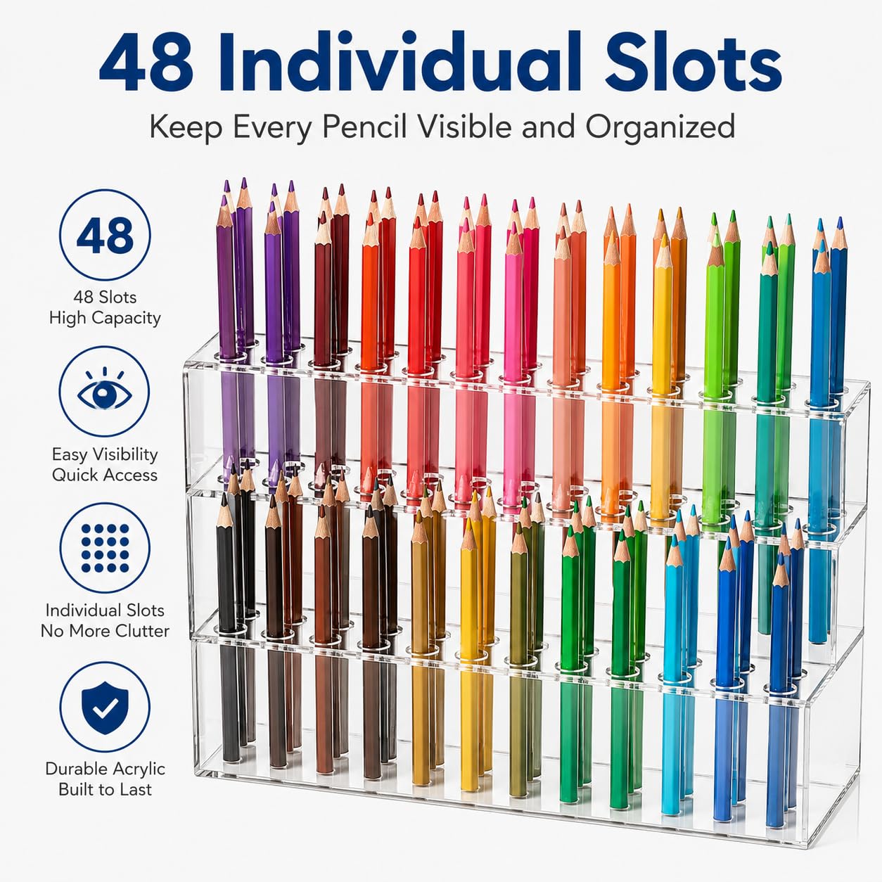 Cabilock 48-Slot Acrylic Pen Display Stand, Marker and Brush Organizer, Pen Holder, Makeup Eyebrow Art Brush Rack for Home Office Desk School
