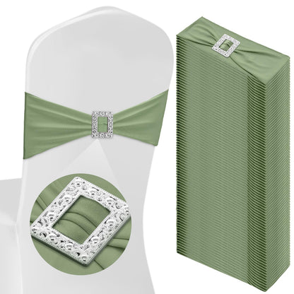 CHENGU 50 Pcs Spandex Chair Sashes with Square Buckle Slider Stretch Dining Chair Slipcovers Band Universal Elastic Ties Bows for Wedding Banquet Event Party Decoration(Sage Green)