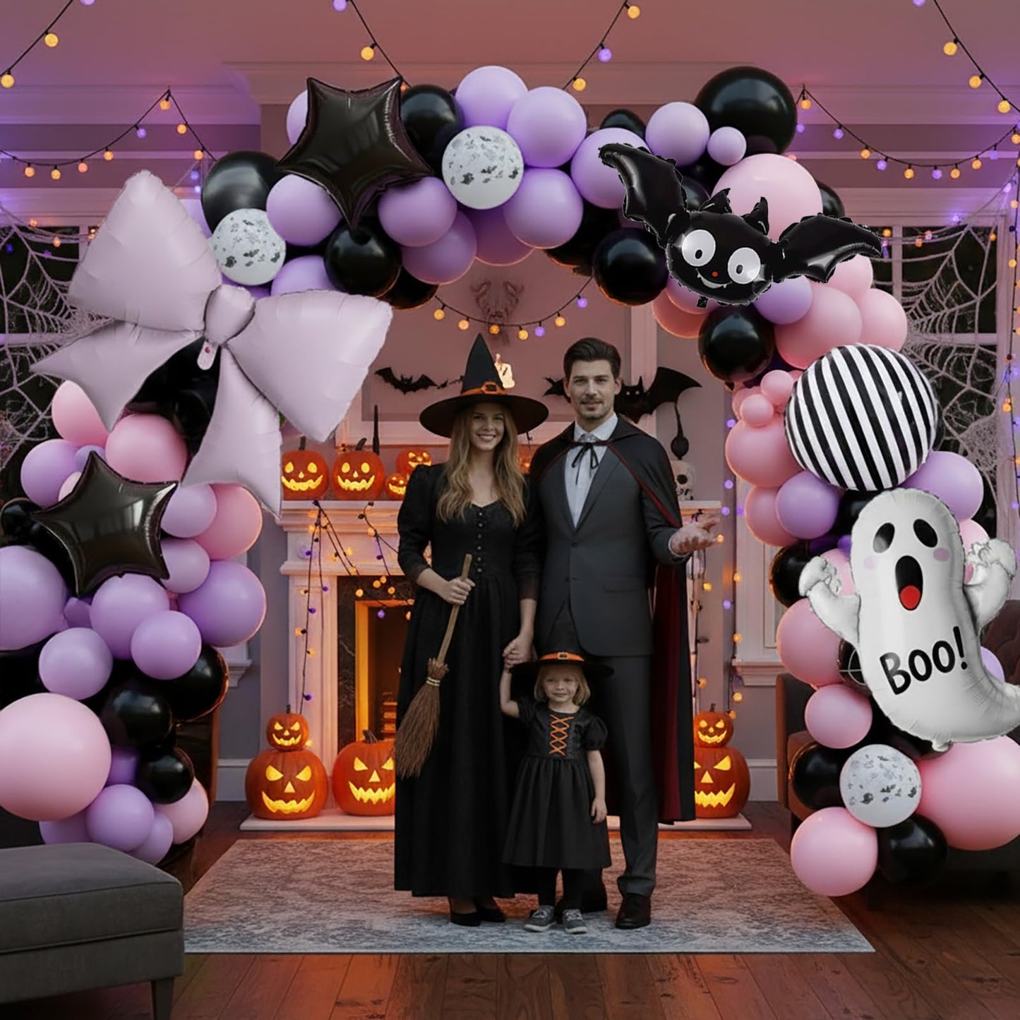 Halloween Little Boo Balloon Arch Kit Pink Purple Balloons with Cute Ghost Balloons Little Boo star bow balloons for Baby Shower Birthday Party Halloween Party Decoration