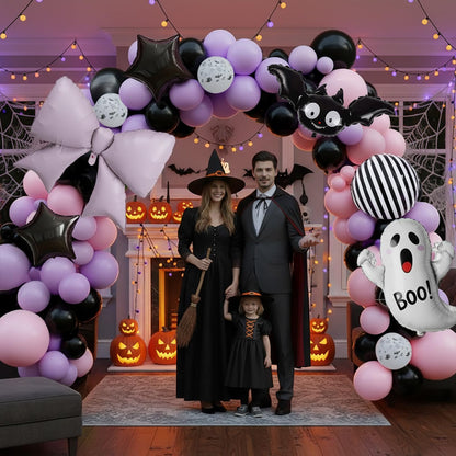 Halloween Little Boo Balloon Arch Kit Pink Purple Balloons with Cute Ghost Balloons Little Boo star bow balloons for Baby Shower Birthday Party Halloween Party Decoration