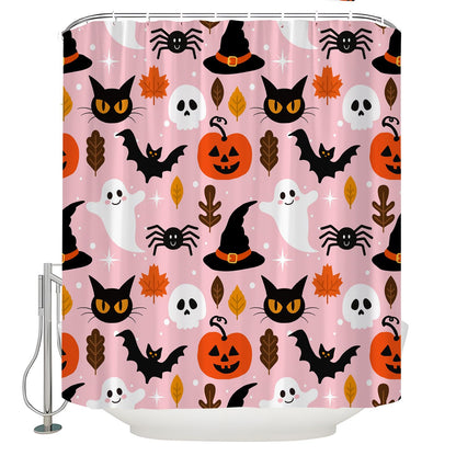 JOFKAXU Pink Halloween Shower Curtain Cute Ghost Pumpkin Spooky Black Cat Scary Skull Horror Bat Magic Witch Hat Gothic Spider Web Bath Curtain with Hooks