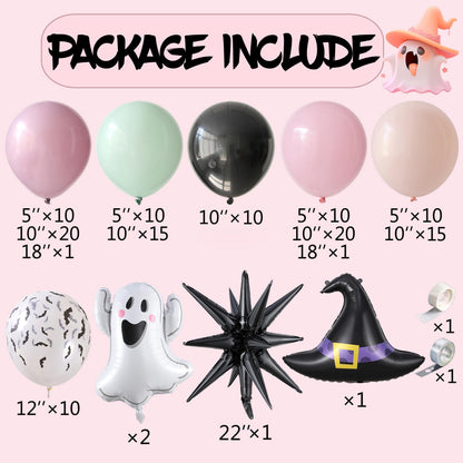 Halloween Balloon Arch Garland Kit, 139Pcs Dusty Purple Green Black Pink Balloons, Ghost Witch Hat Explosion Star Foil Balloons for Halloween Birthday Party Decorations