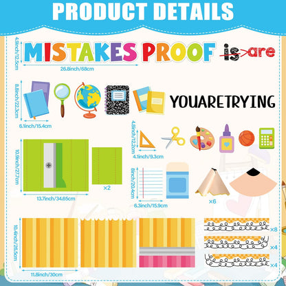 3D Back to School Bulletin Board Set Inspirational Classroom Decoration Educational Pencil Cutouts Mistakes are Proof You are Trying Bulletin Board for Teacher School Home Chalkboard Door Wall Decor