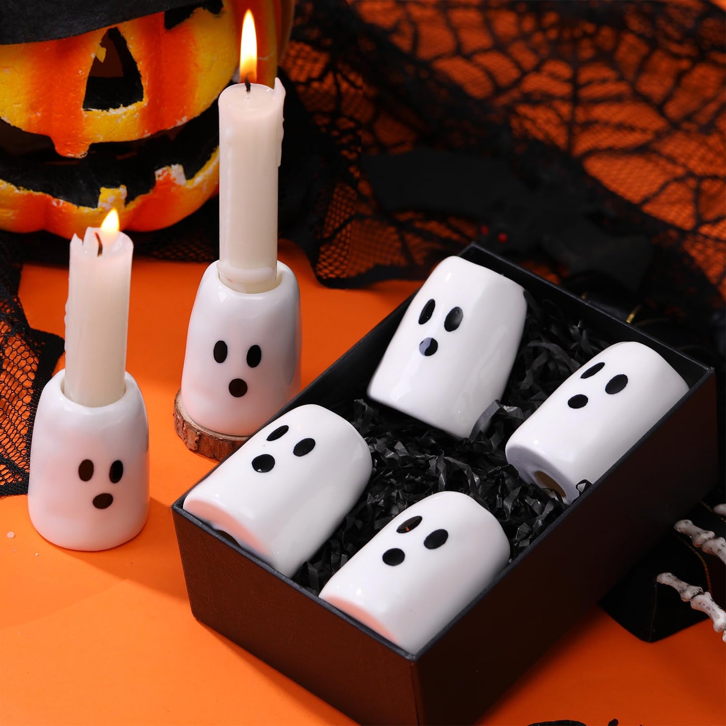 GlikCeil 6 Pcs Halloween Ghost Candlestick Holders, Depth of 2.3 in, Ceramic, Halloween Taper Candleholder Cute Ghost Candle Stick Holders for Wedding Party Office Home Table Centerpiece Decorative