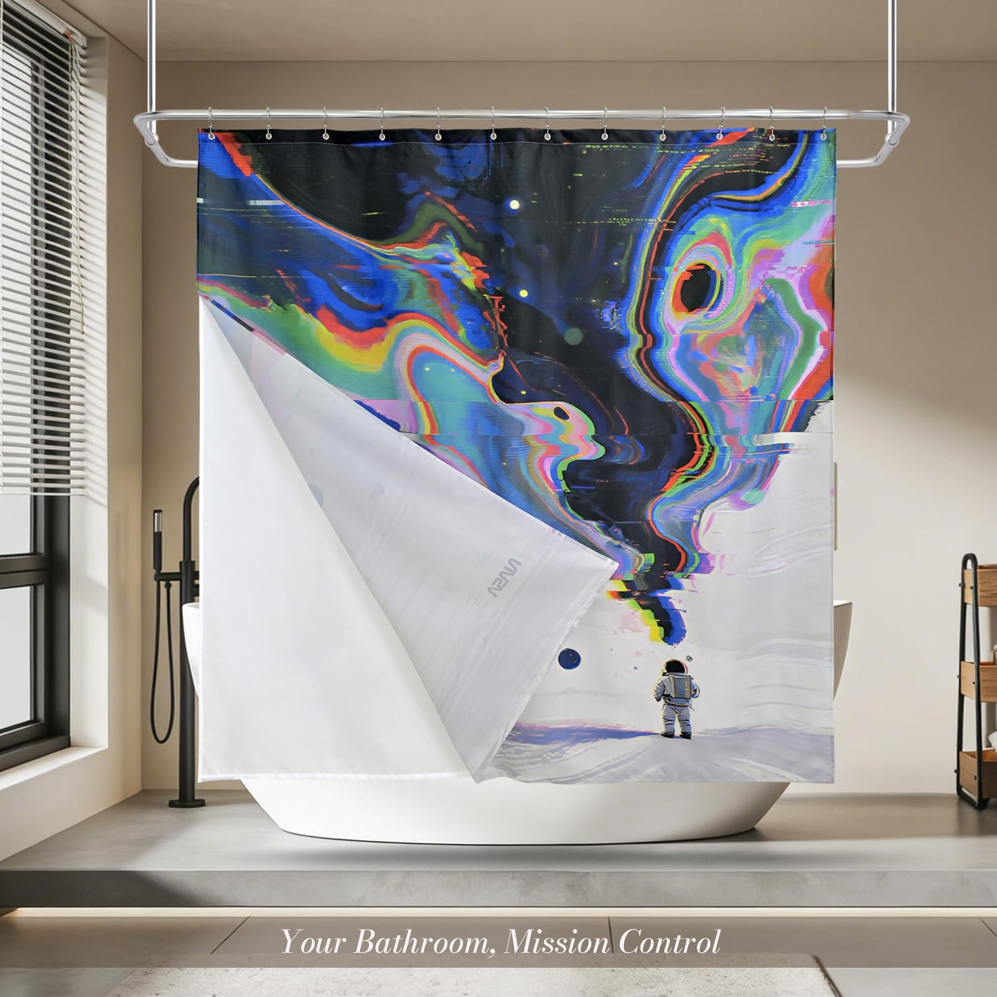 DRIFTED ROOT NASA Licensed Shower Curtain Set, Neon Glitch Astronaut Galaxy Design, Space Poster Art, Oxford Cloth, Bathroom Hotel Decor (Cosmic Glitch-Black, 72" W x 72" L (Pack of 1))
