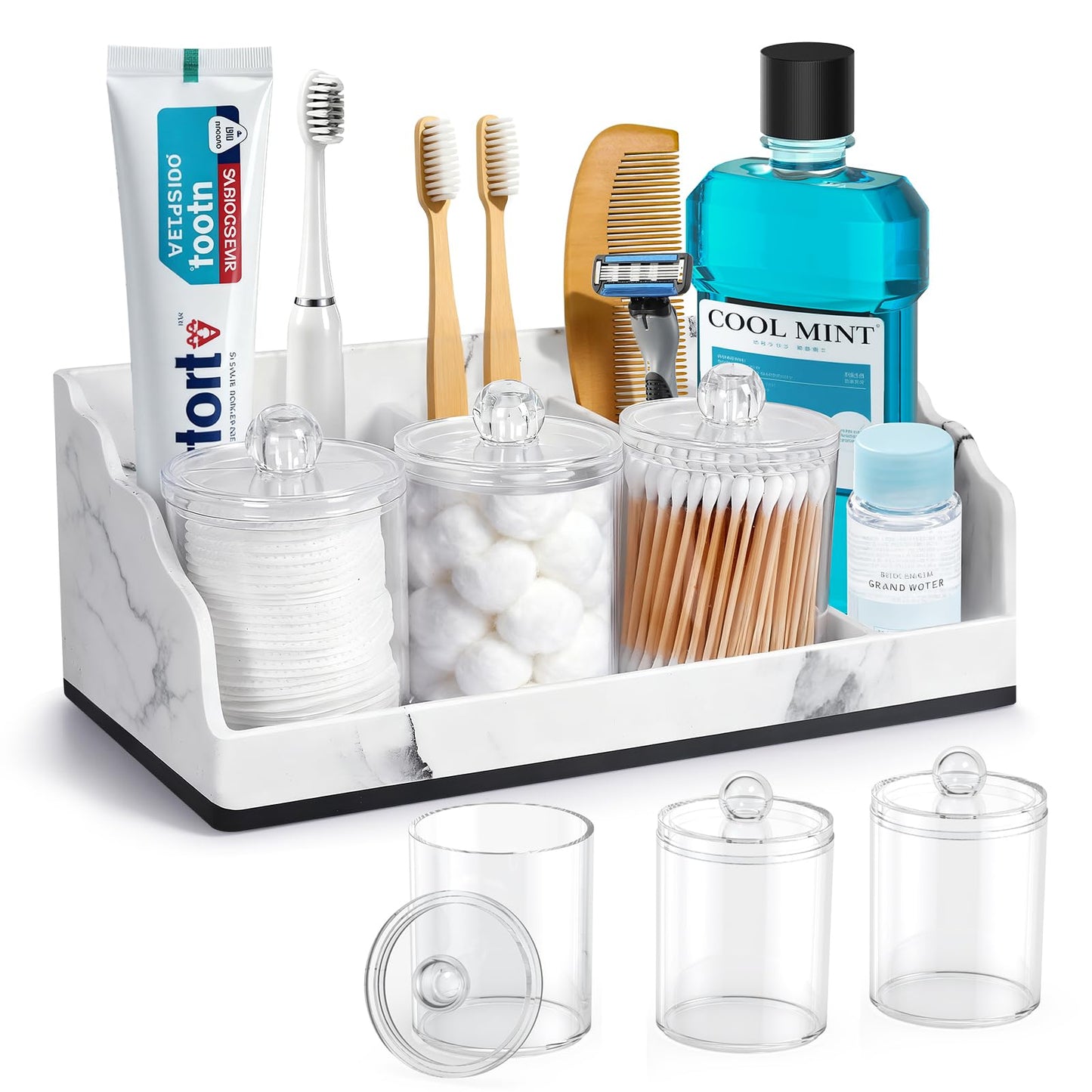 TuCao Bathroom Counter Organizer with 3PCS Qtip Holder, Marble Toothbrush Holders for Bathrooms, Bathroom Organizers and Storage with Drain Holes, Electric Toothbrush Holder, Vanity Organizer
