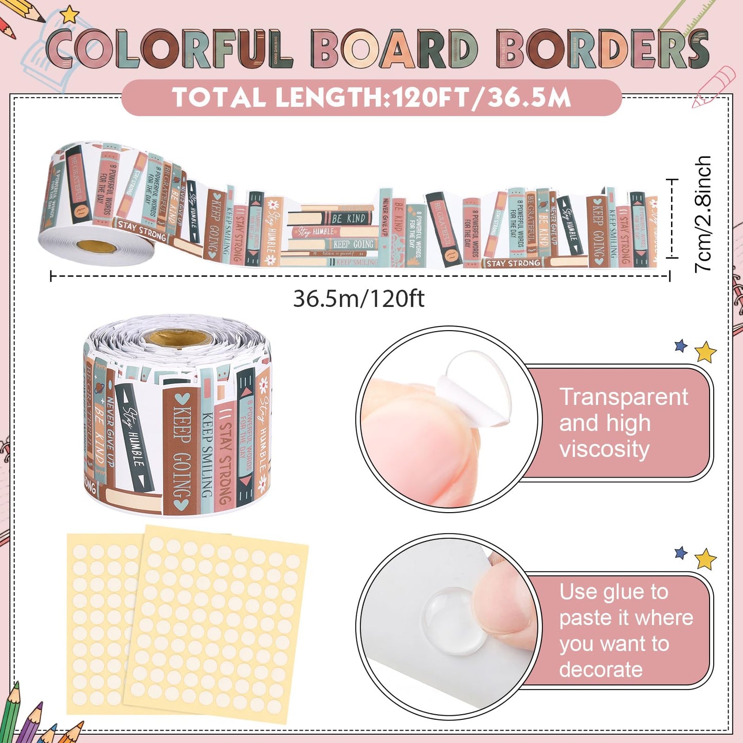 Tenceur 120 ft Bookshelf Border Trim Book Rolled Border Trim Decor Back to School Straight Bulletin Board Set for Library Classroom Poster Board Whiteboard Wall Decoration(Morandi,Neutral)