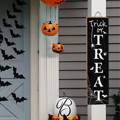 Halloween Porch Sign, Trick or Treat Wooden Welcome Sign with Bats, Spiders and Spider Web Design, Vertical Front Door Sign for Entryway, Farmhouse Halloween Porch Decor, 31.5 Inch