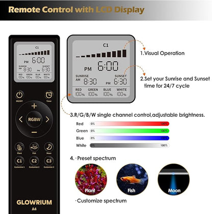 GLOWRIUM LED Aquarium Light with Remote, Full Spectrum Fish Tank Light with Auto Timer, IP67 Waterproof Freshwater Planted Tank Light, Dimmable RGB+W+Moon LEDs with High Performance (18W 24-29inch)