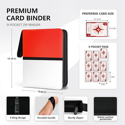 9 Pocket Trading Card Zip Binder - Holds 1080 Cards, 60 Pages Large-Capacity,Double-Sided Removable Sleeves, Suitable for Game Cards/Sports Cards Storage,Red White