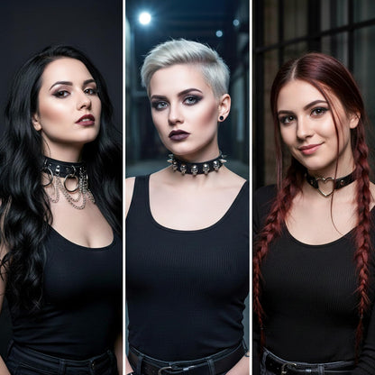 Afcabakila Black Punk Goth Choker Necklace & Spiked Studded Bracelets Set, 9 Adjustable PU Leather Collars & 6 Rivet Spiked Cuffs, Gothic Rock Metal Wristband for Daily Wear Cosplay Festival