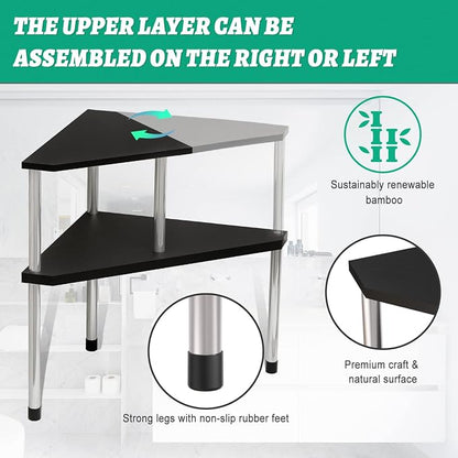Weenson Bathroom Counter Organizer Over Sink for Toiletries, Makeup, Kitchen Countertop Organizer Spice Rack for Salt, 2-Tier Corner Counter Shelf for Coffee Area Storage Dresser Table(Black)