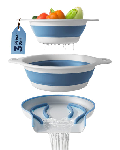 Collapsible Colander Strainer, Includes Over-sink Countertop Draining Base (5QT) Large Kitchen Drainer for Vegetables Fruit and Pasta, Round Foldable Draining Basket, Easy Storage (White)
