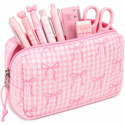 LEDAOU Cute Pencil Case for Kids Girls Boys Pencil Pouch kawaii Pen Pencil Box Bag Holder for School Students (Corduroy Pink Bow Checkered)