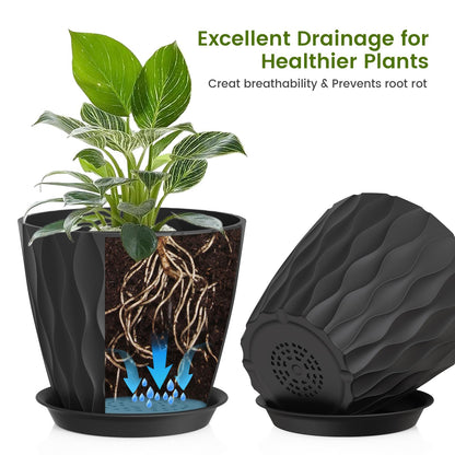 UOUZ 8 Inch Plant Pots, 4 Pack Plastic Planters for Indoor Outdoor with Drainage Holes & Saucers, Waffle Texture Flower Pots for Indoor Plants, Indoor Plant Pots for Monstera, Fiddle Leaf Fig, Black
