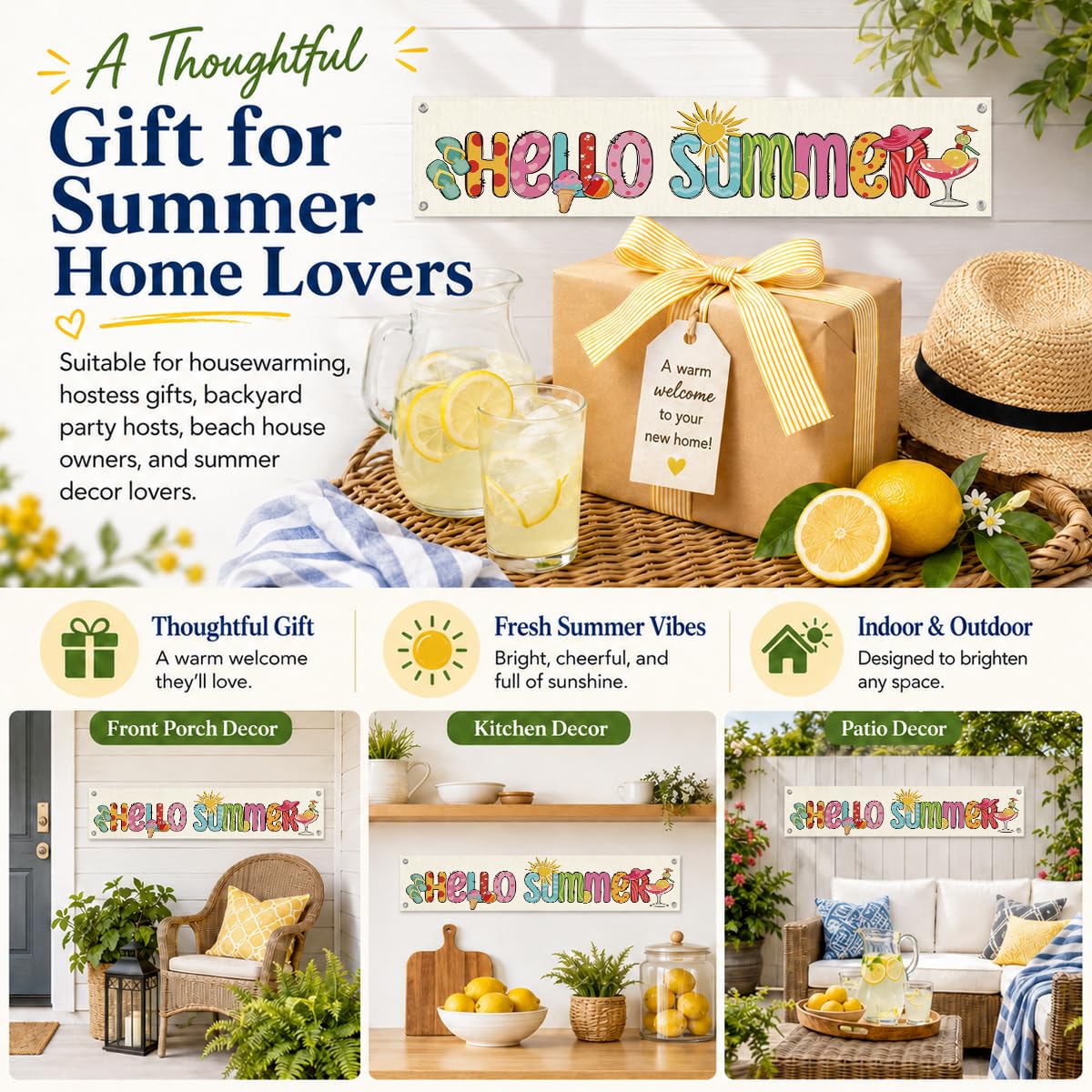 Summer Porch Banner Decor, Hello Summer Fun Wall Hanging with Ice Cream Beach Cocktail Design, Seasonal Entryway Doorway Hallway Home Accent 48x9 Inches