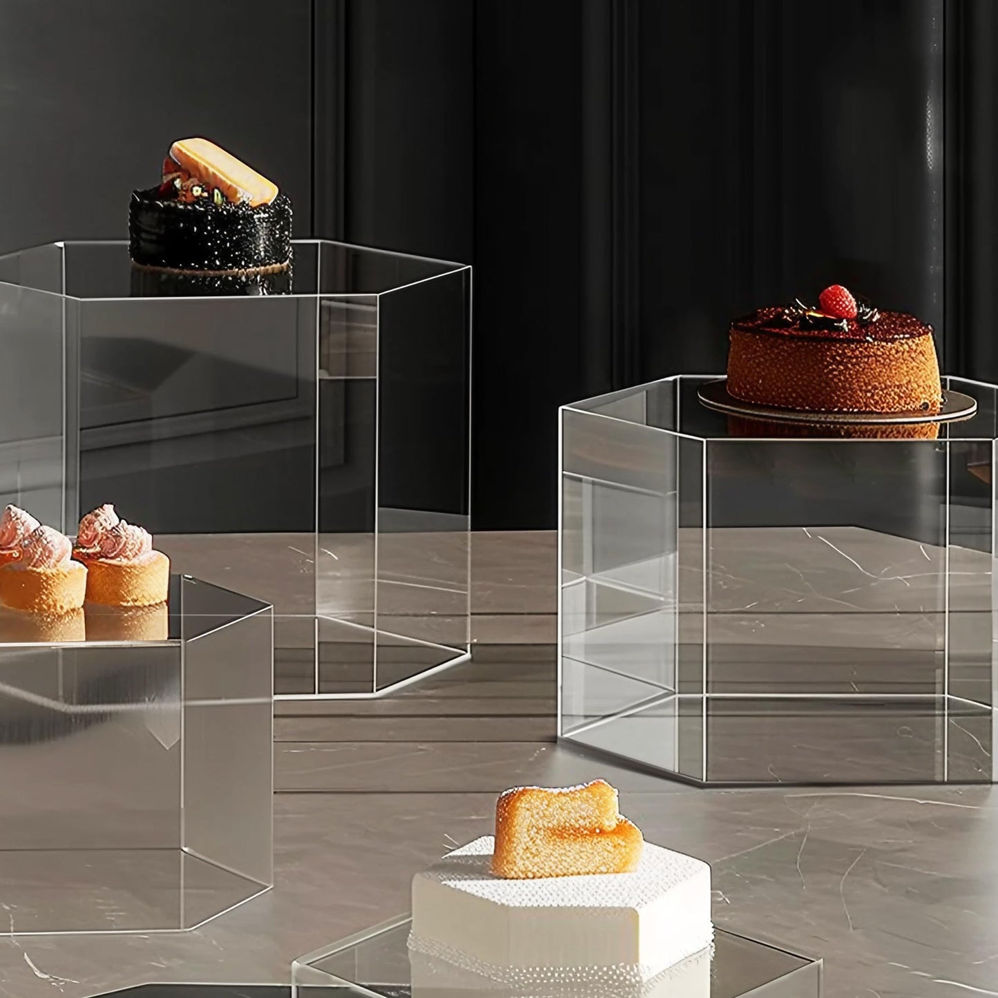 koretech 6 Pcs Buffet Risers, Dessert Stands, Acrylic Boxes for Display, Hexagonal Jewelry Showcase, Riser Display Cases Acrylic Display Base, Clear