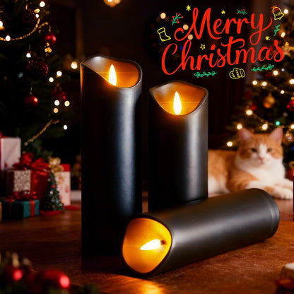 Black Pillar Flameless Candles 3D Wick with Controller,led Slim Candles Flicering Flame,Battery Operated Fake Plastic Candles for Halloween Christmas,Party Décor.(5Pack H 5" 5" 6" 6" 7" x D 2.2")