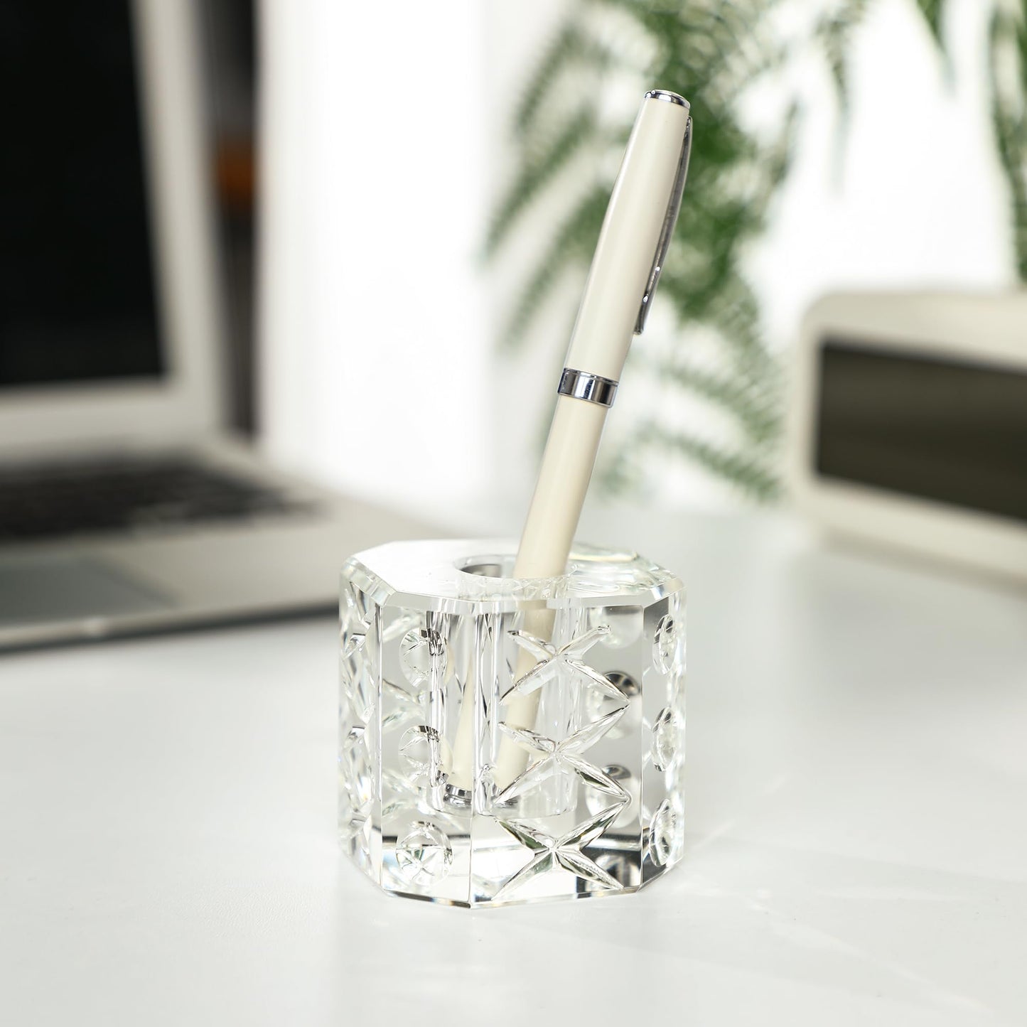QFkris Fancy Crystal Single Pen Holder for Desk, Glass Fountain Pen Stand, 2.2" Feather Pencil Holder for Office Desktop Decoration, Gift for Man Woman Students Teachers Father Boyfriend