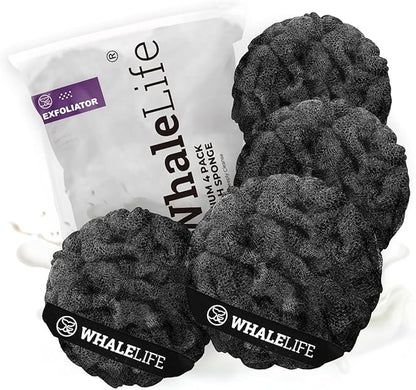 Loofah Sponge Bath Sponge for Women Men 4 Pack (Black Rough Surface)
