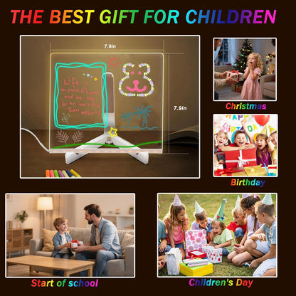 LED Note Board with Colors, Light Up Acrylic Message Board, Glowing Acrylic Dry Erase Board with Light, Led Drawing Board with Stand, 7 Markers (Medium 7.9 * 7.9 inches)