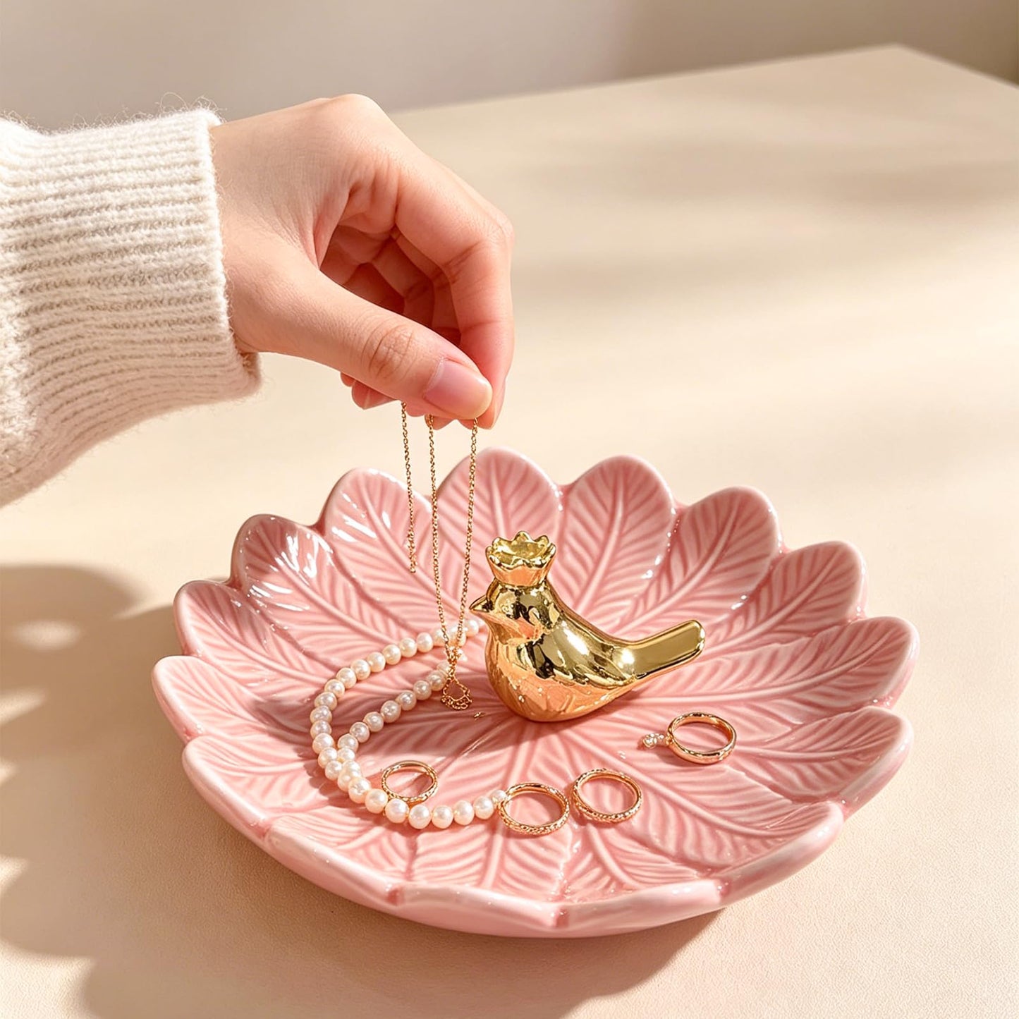 ONEPEACE Golden Bird Ceramic Ring Holder Dish for Women, Decorative Jewelry Tray Trinket Dish for Rings Earrings Necklace Organizer, Engagement Wedding Ring Holder, Christmas Birthday Gifts (Pink)