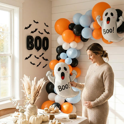 Halloween Balloon Garland Arch Kit - 114Pcs Black Blue Orange Balloons with Ghost Bat Boo Foil Balloons for A Little Boo Is Almost Due Baby Shower, Spooky Theme Indoor Outdoor Party Decorations