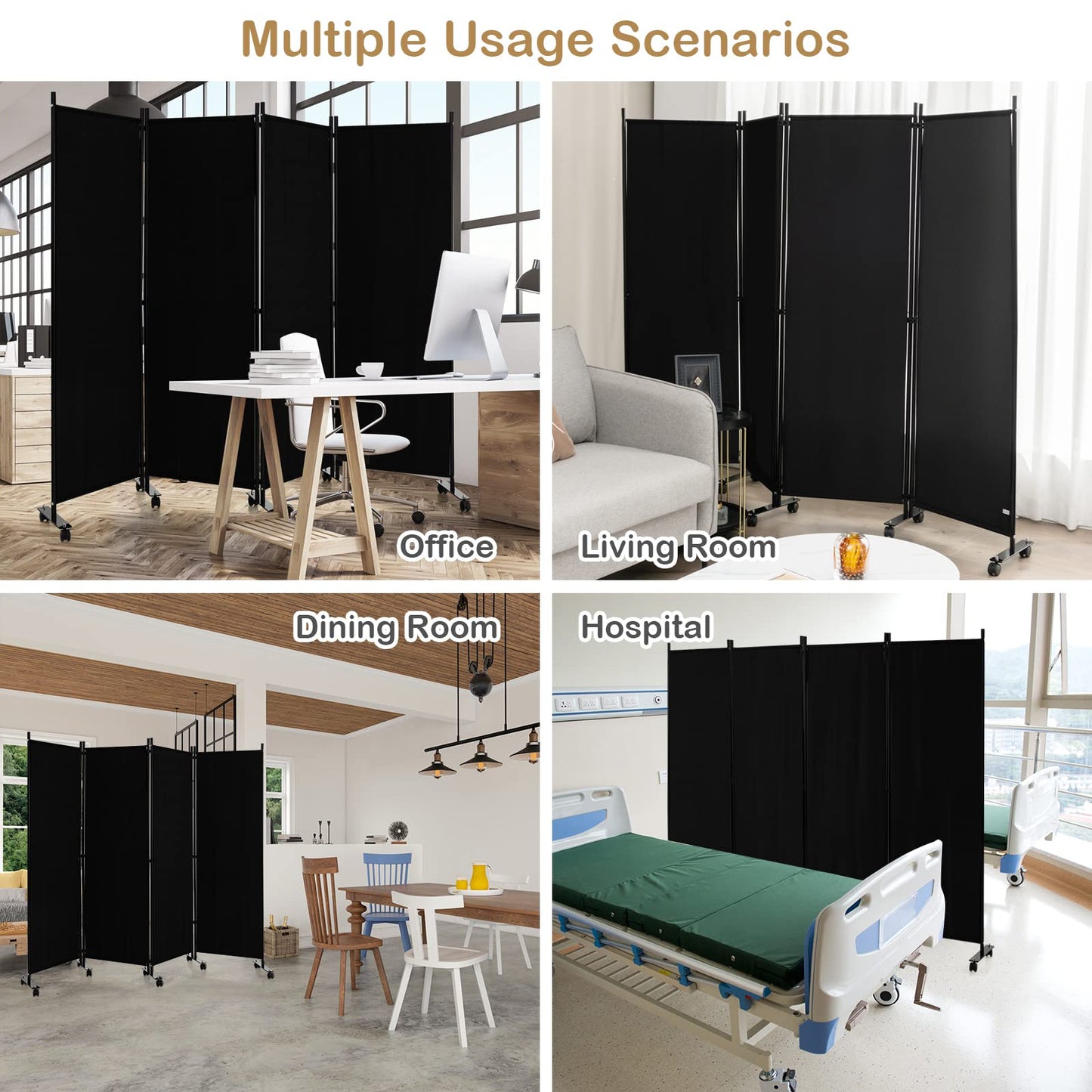 LDAILY 4 Panels Folding Room Divider, 6FT Tall Fabric Privacy Screen w/Metal Frame, Freestanding Partition Wall Divider w/Rolling Wheels for Bedroom, Dining Room, Office, Hospital (Black, 4-Panel)