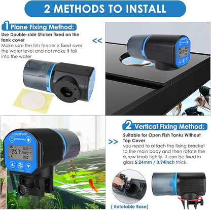 Lukovee Automatic Fish Feeder,New Generation Feeding Time Display USB Rechargeable Timer Moisture-Proof Aquarium or Fish Tank Food Dispenser with 200ML Large Capacity for Vacation Weekend Holiday,Blue