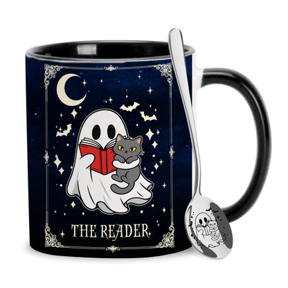 Hyturtle Cute Ghost with Cat Coffee Mug with Spoon for Halloween Birthday