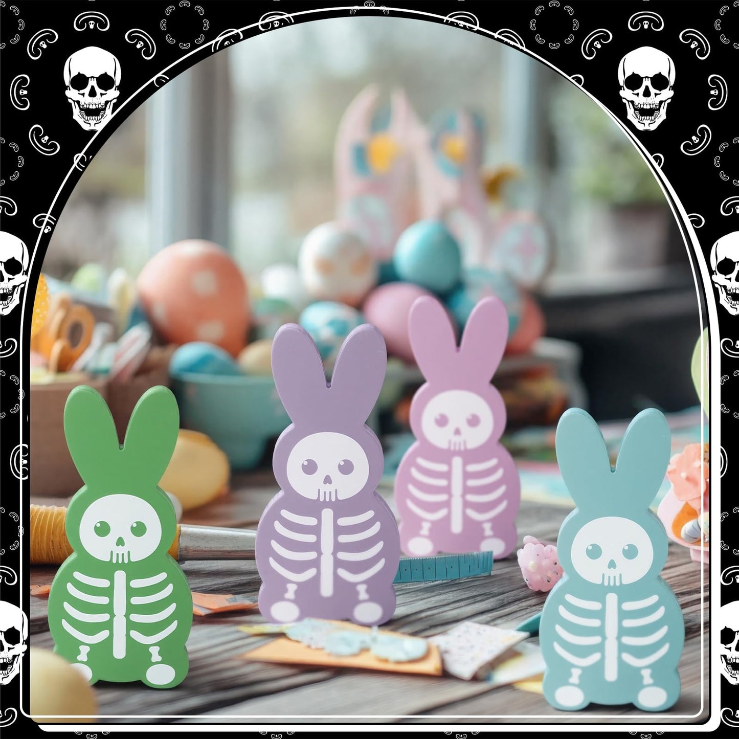 Vicenpal 5 Pcs 9.8'' Summer Halloween Skeleton Bunny Wooden Signs Spooky Halloween Tiered Tray Decor Rabbit Table Centerpiece for Goth Tabletop Decorations for Bedroom Office Shelf Party Supplies