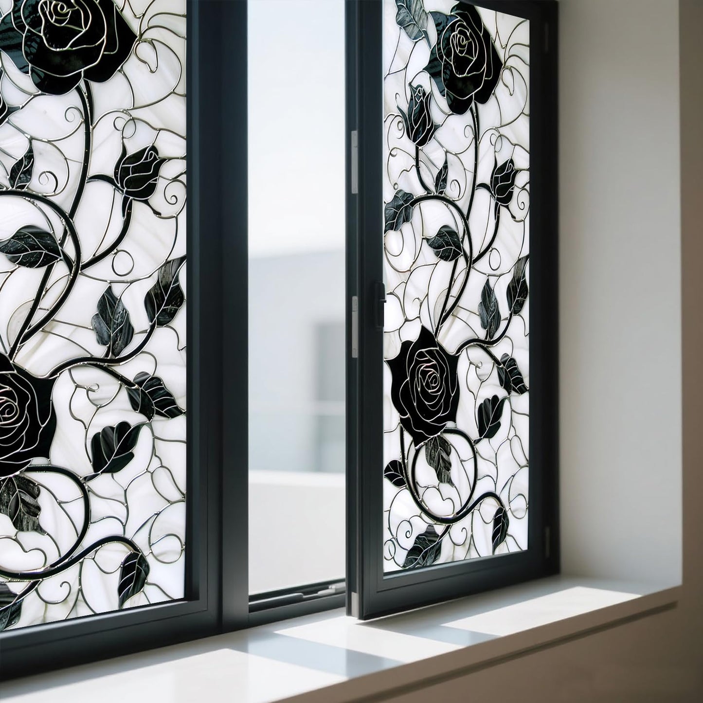 IVN Privacy Window Film Black Rose Vine Decorative Window Cling Stained Glass Style Static Cling Glass Sticker for Bathroom Entryway Kitchen Door Panel 17.7 x 39.3 Inch
