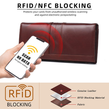 FREYAMIRA RFID Blocking Wallets for Women Leather Long Ladies Wallet Bifold Womens Wallet with Coin Pocket ID Window,Coffee