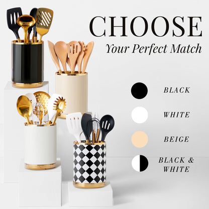 STYLED SETTINGS Black & White Checkered Utensil Holder Set – Large Ceramic Kitchen Utensil Holder for Countertop with Gold Spoon Rest – Stylish Checkered Kitchen Decor & Organizer