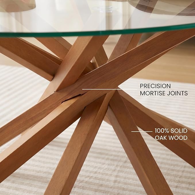 Round Glass Coffee Table-Mid Century Modern Solid Wood Coffee Table | Unique Glass Top&Solid Wood Mortise Interlocking Starburst Legs Design for Living Room,Office,Hotel Lobby