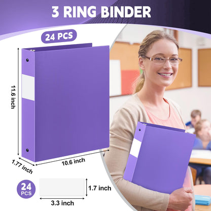 Henoyso 24 Pcs Purple 1.5" 3 Ring Plastic Binder Bulk, 1 1/2 Inch Soft Flexible Binders Round Rings, Fits Letter Size 8.5'' x 11'' Paper, Holds 350 Sheets, for School Office (1.5 Inch)