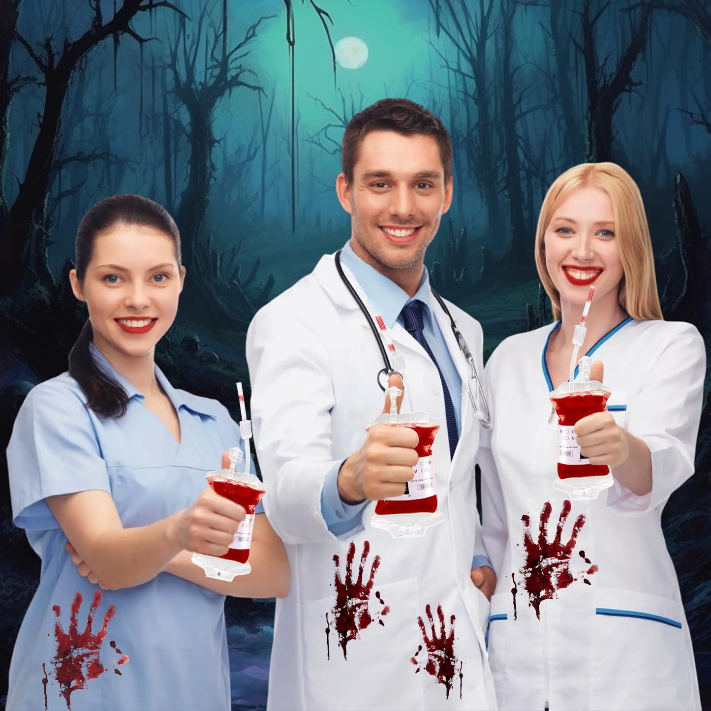 12 Pack Halloween Blood Bag Drink Containers, Reusable IV Blood Bags Pouches for Vampire Cosplay, Nurse, Medical, Horror Party Decorations, Doctor Nursing/RN Graduation, 12 Fl. Oz. Each + 2 Syringes